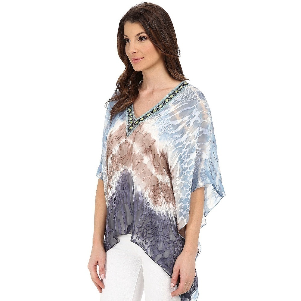 Silk Burnout Dip Dye Beaded Blue Dolman Blouse Top